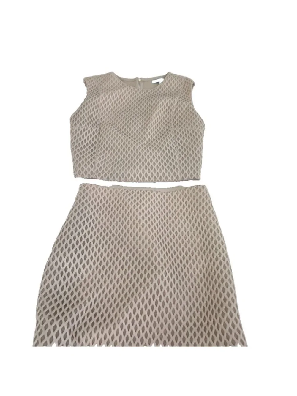 She + Sky 2 Piece Set Medium Beige Mesh Cutout Crop Top Mermaid High Low Skirt - Picture 13 of 15